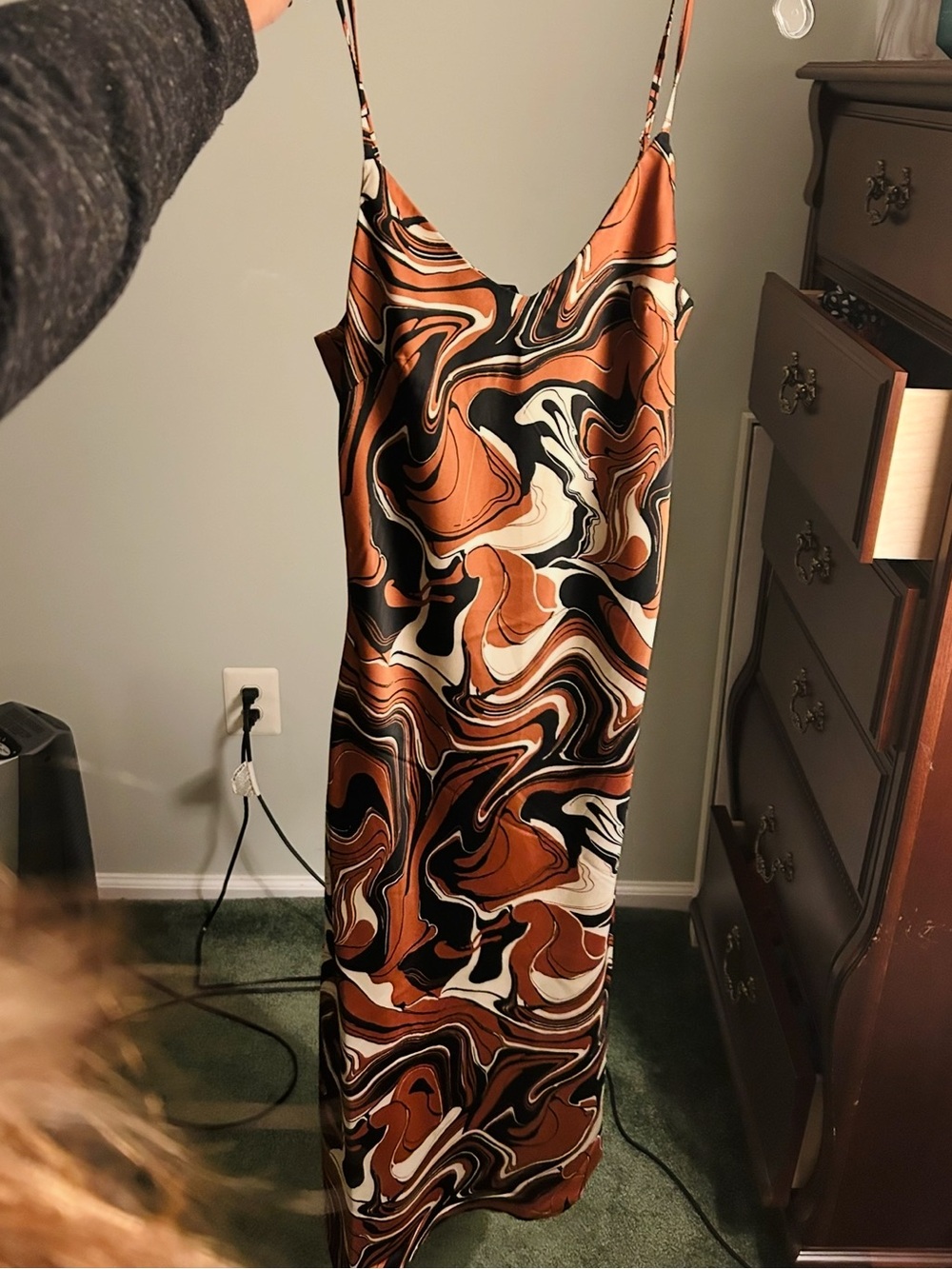 Forever 21 Satin Swirl-Print Maxi Slip Dress - Brown/Black/Cream